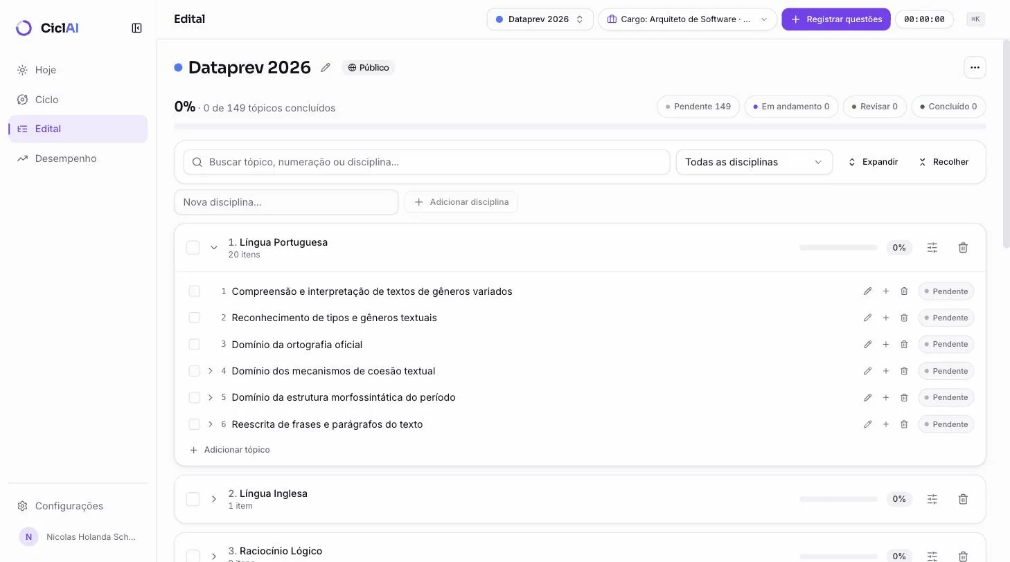Edital Dataprev 2026 organizado em árvore de matérias e tópicos com status